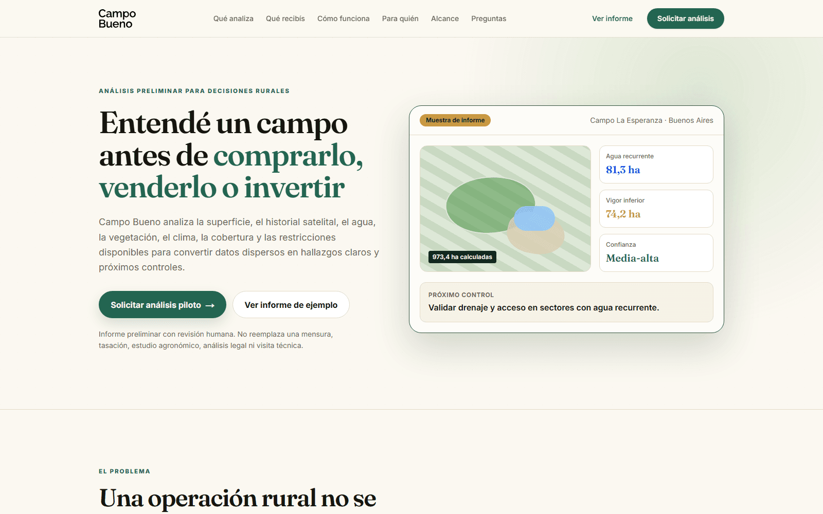 Campo Bueno landing page showing a sample report card with hectares, water and vigor signals